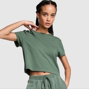 PINK Victoria's Secret Green Cropped Tee Shirt